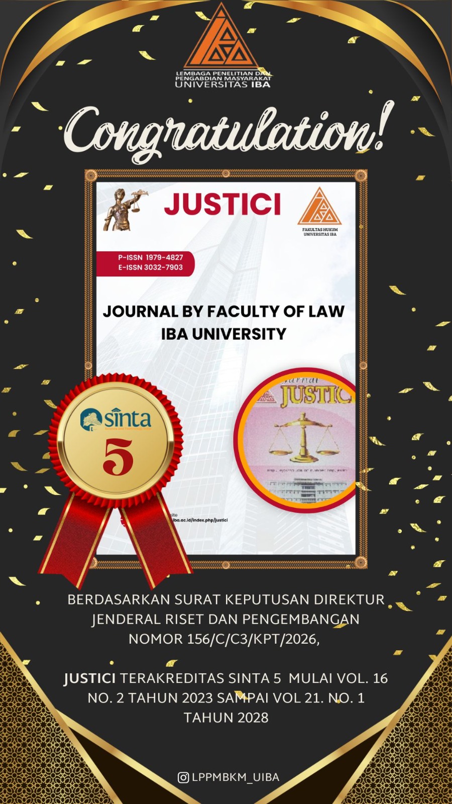 Selamat! Jurnal JUSTICI Universitas IBA Terakreditasi SINTA 5