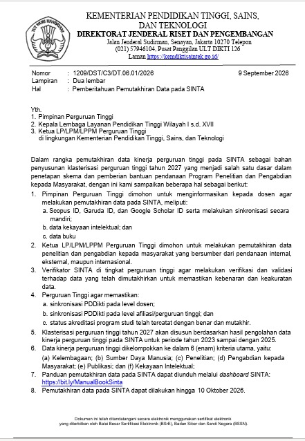 Pemberitahuan Pemutakhiran Data SINTA bagi Dosen Universitas IBA
