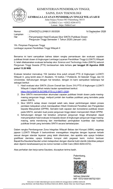 LLDIKTI Wilayah II Sampaikan Hasil Evaluasi Skor SINTA Publikasi Dosen Semester I Tahun 2026
